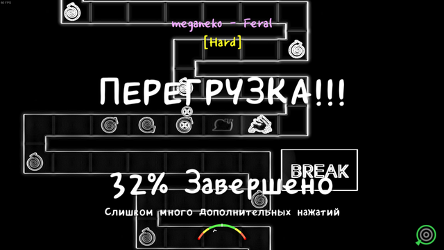 A screenshot from the game A Dance Of Fire And Ice. It shows that I had played the hard version of the Meganeko - Feral level. Failed on 32% due to overload, a.k.a. pressing too many buttons too fast