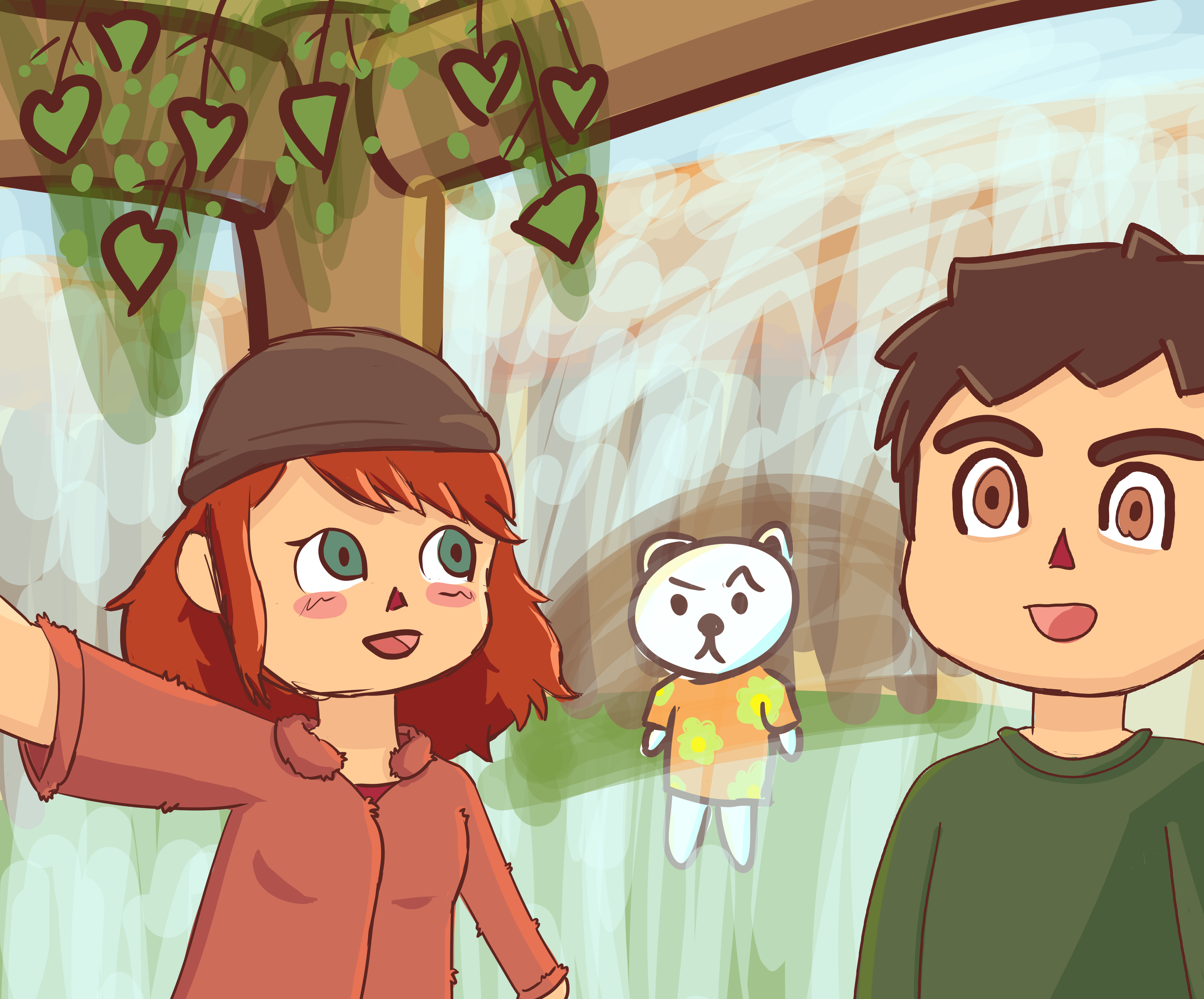 drawing of me and my husband in an animal crossing style taking a selfie at the zoo with a polar bear wearing a tshirt with one eyebrow raised standing behind the glass looking confused