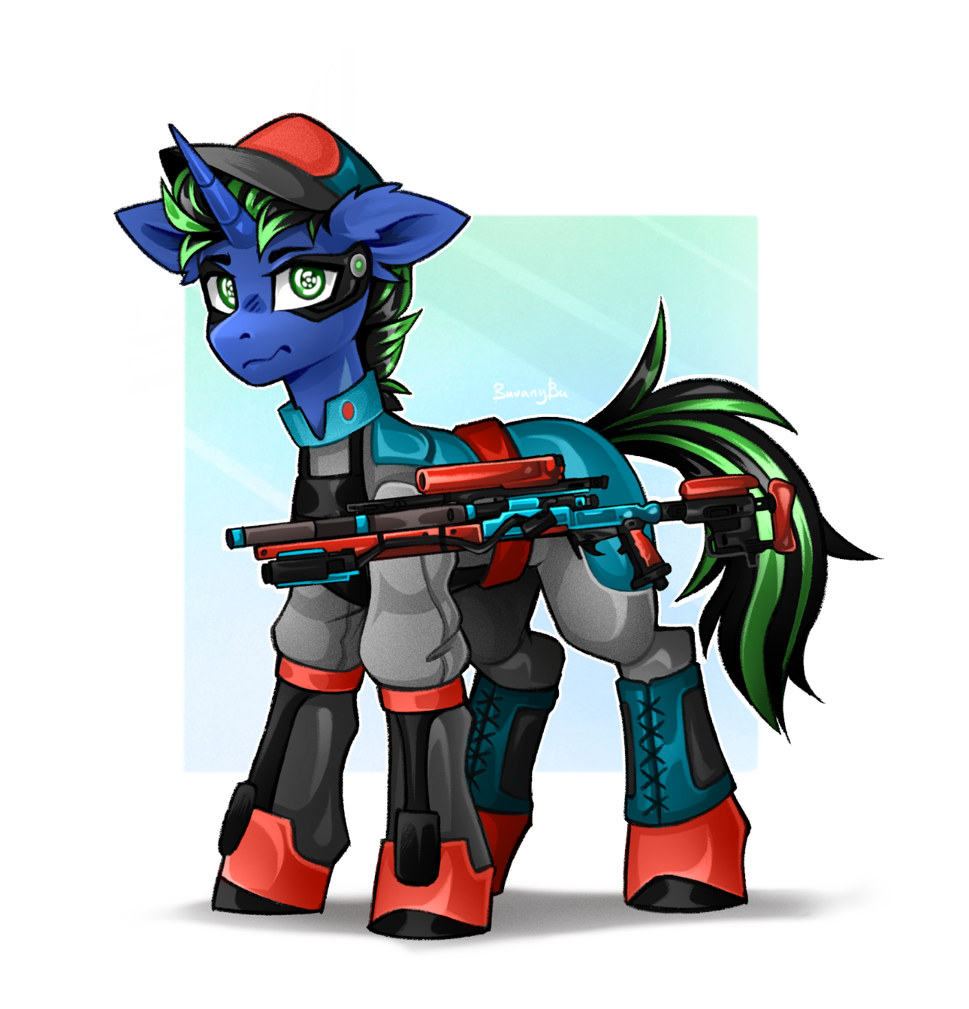 A blue cyber unicorn with black and green hair and implants holding the Tsunami Ashura smart sniper rifle from Cyberpunk 2077 in neon red and light blue coloring. He is also in armor in matching colors.
