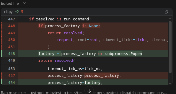 Codex went and changed an "if foo is None: bar = baz" pattern to a "bar = foo or baz" pattern. The correct fix would have been to demand the caller resolve foo instead.