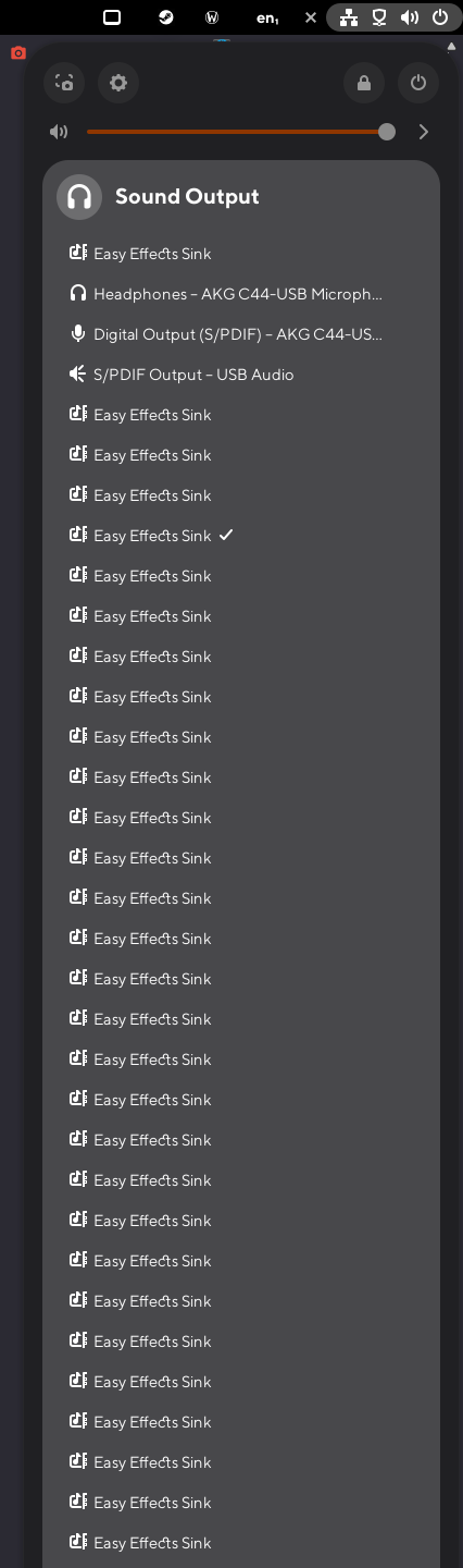 Sound output selector overflown with "Easy Effects Sink" entries