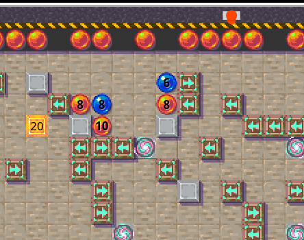 A screenshot of a top-down game, a grid of balls and arrow blocks and such. The figure of a man (?) stands at the top, ready to roll a ball down the field.