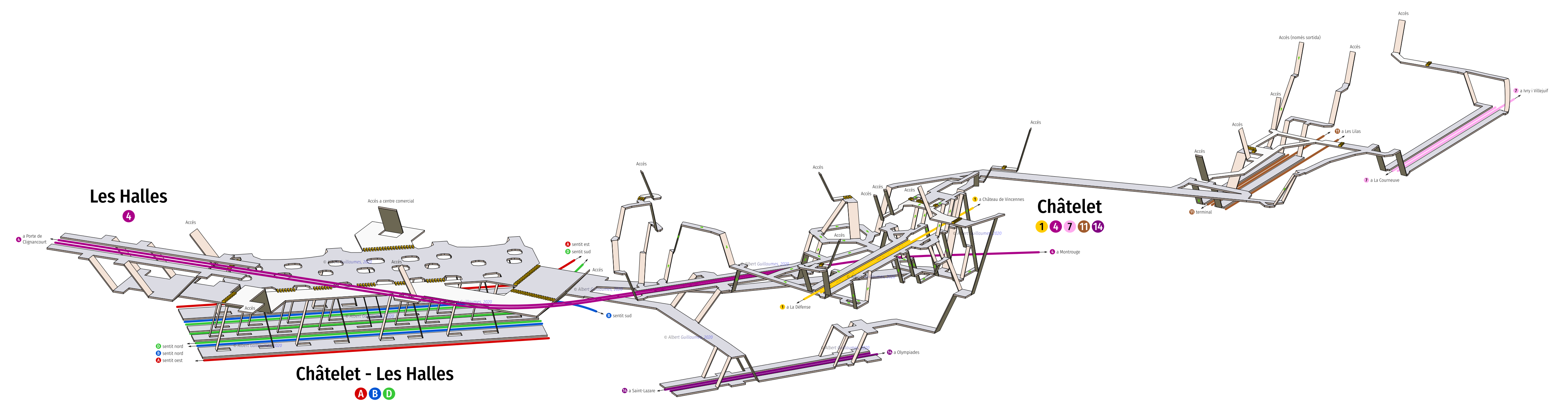 Computer drawing of the layout of the triple-railway-interchange station Châtelet-Les-Halles. It shows the quays of the 9 lines, stairs and corridors that connect them all together.