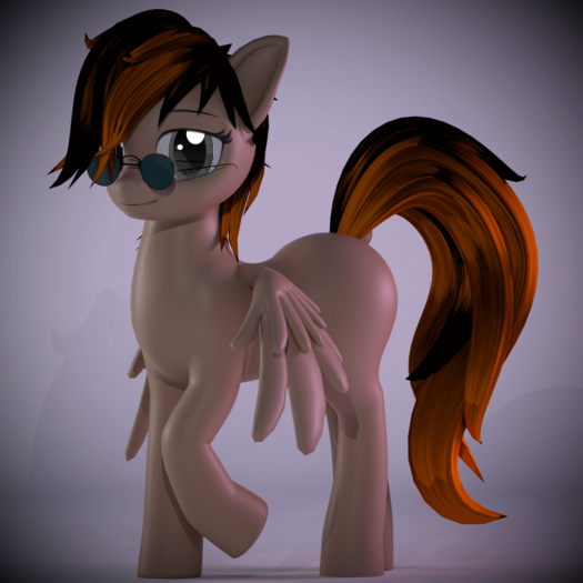 A pale skinned pegasus with a mostly dark mane and tail with volume. Light gray eyes, a bashful smile and flaunting a pair of silver, dark-round fighter-pilot sunglasses