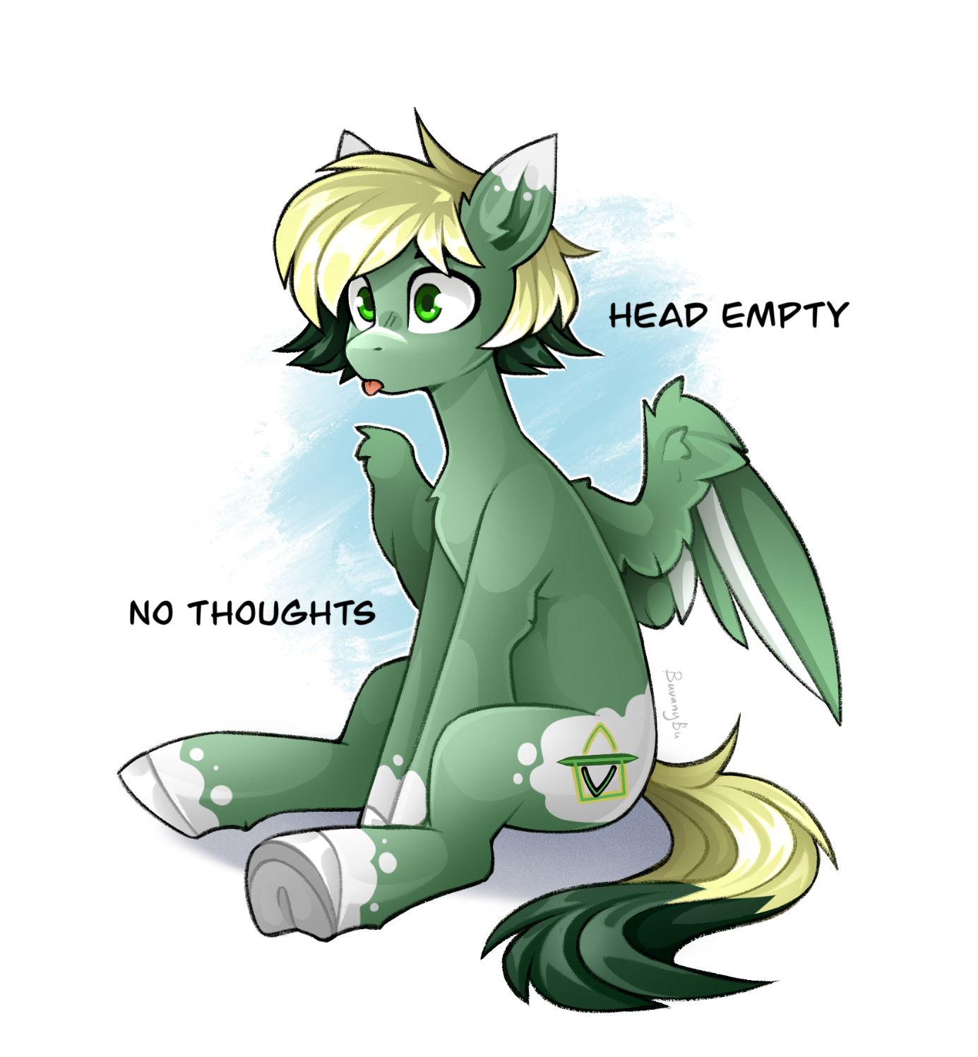 Inex Code, a green pegasus, sits with a derp face expression and bleps. Text around reads "Head empty" and "No thoughts"