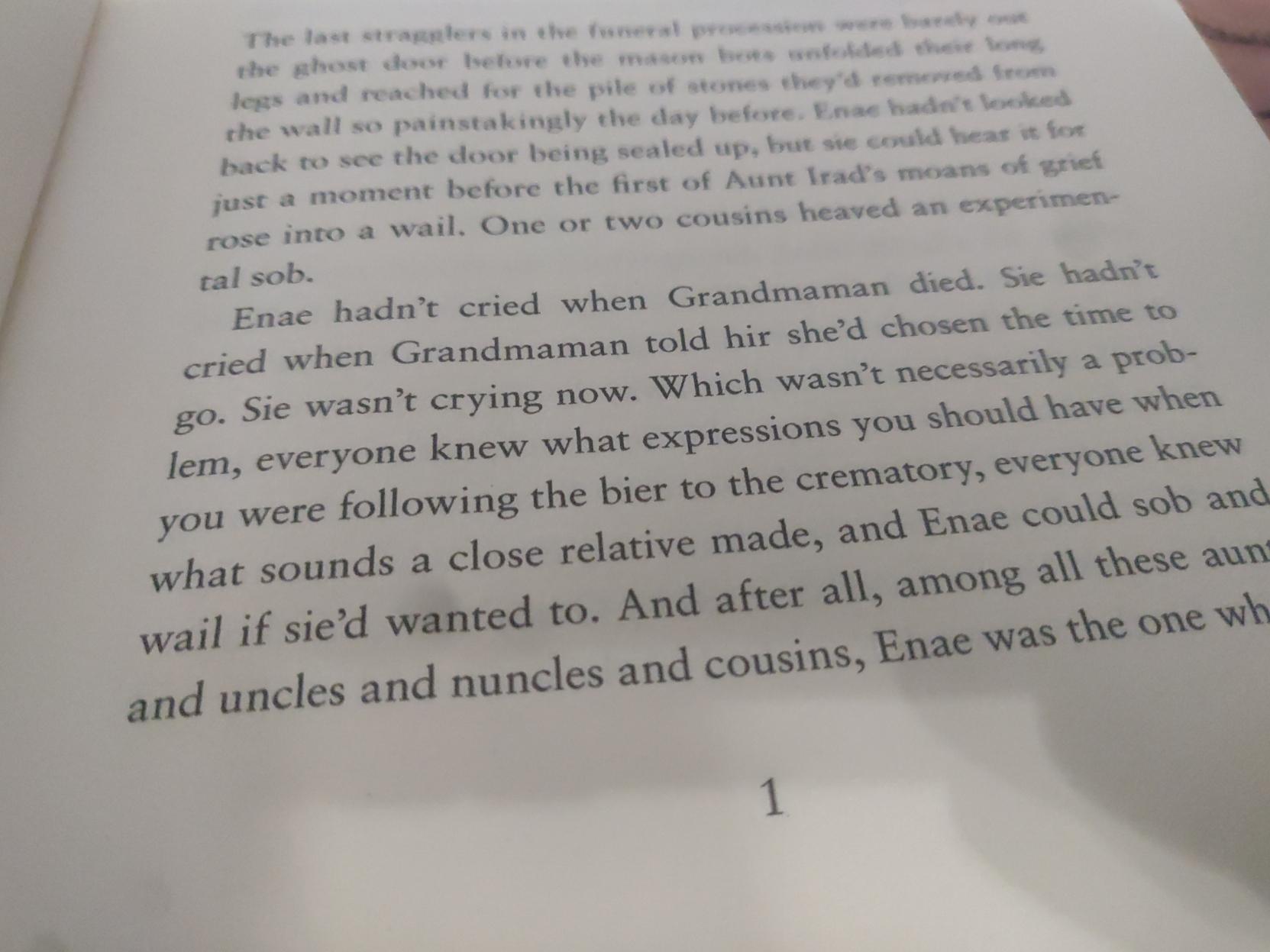 a photo of a book page, there is a character referenced by sie/hir pronouns in the text on the page